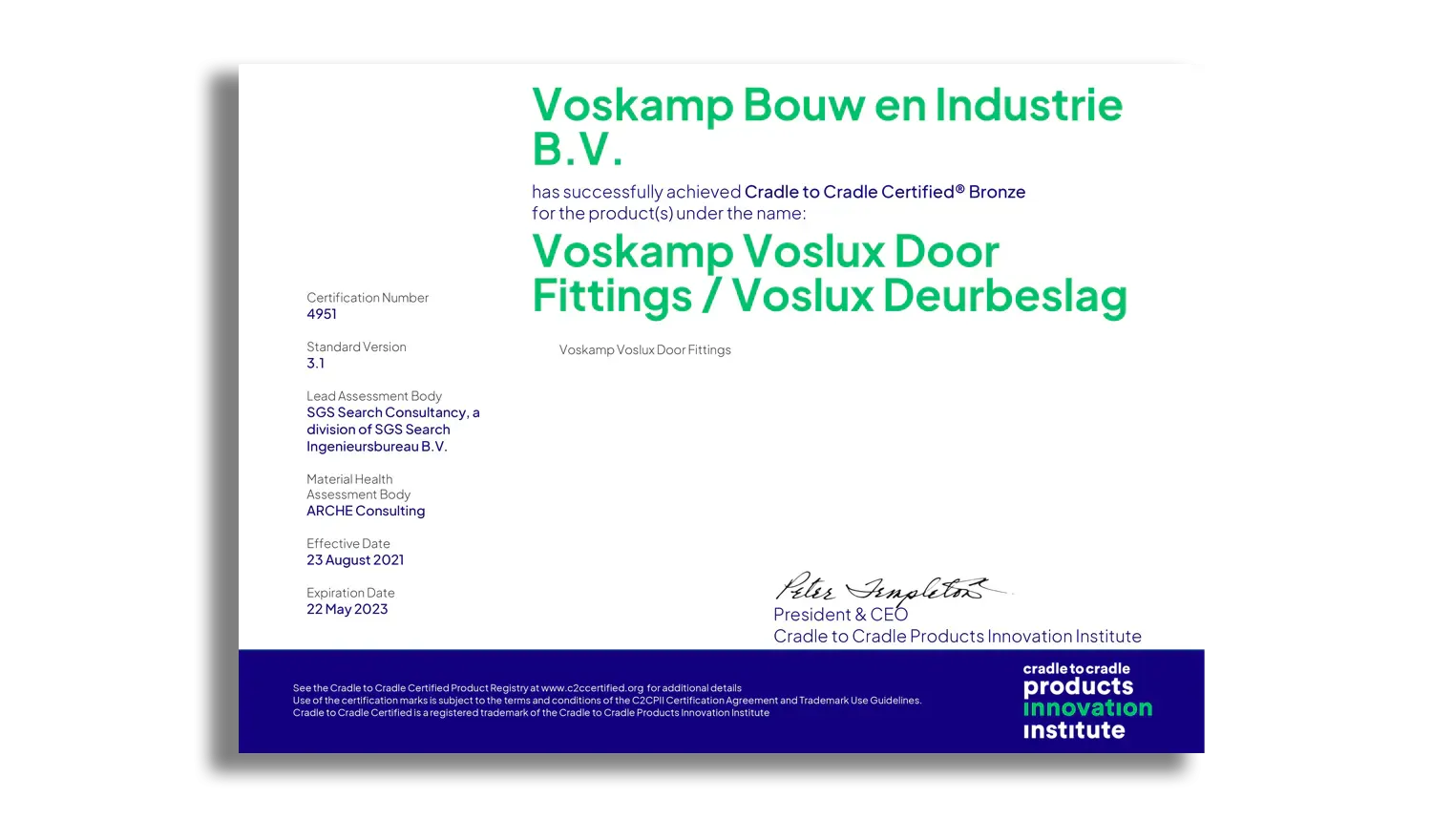 Cradle to cradle certificaat Voslux deurbeslag 