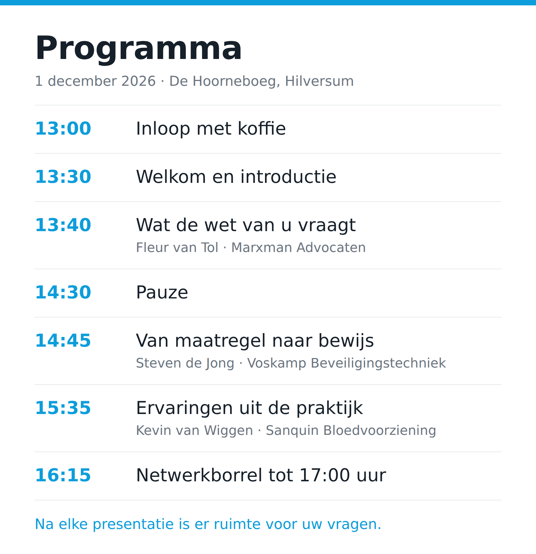 Programma 1 december 2026: 13:00 inloop met koffie, 13:30 welkom en introductie, 13:40 Wat de wet van u vraagt door Fleur van Tol, 14:30 pauze, 14:45 Van maatregel naar bewijs door Steven de Jong, 15:35 Ervaringen uit de praktijk door Kevin van Wiggen van Sanquin Bloedvoorziening, 16:15 netwerkborrel tot 17:00 uur.